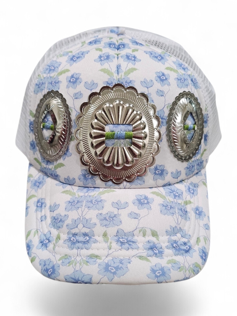 Floral Blue & White Baseball Cap with Silver Conchos, Westren Hat